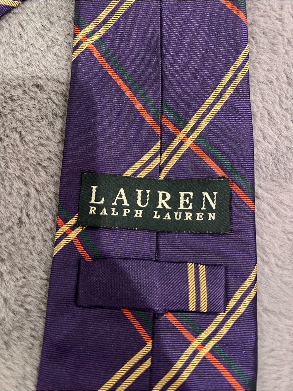Lauren Ralph Lauren Purple Plaid Silk Tie with Yellow, Orange and Green Stripes